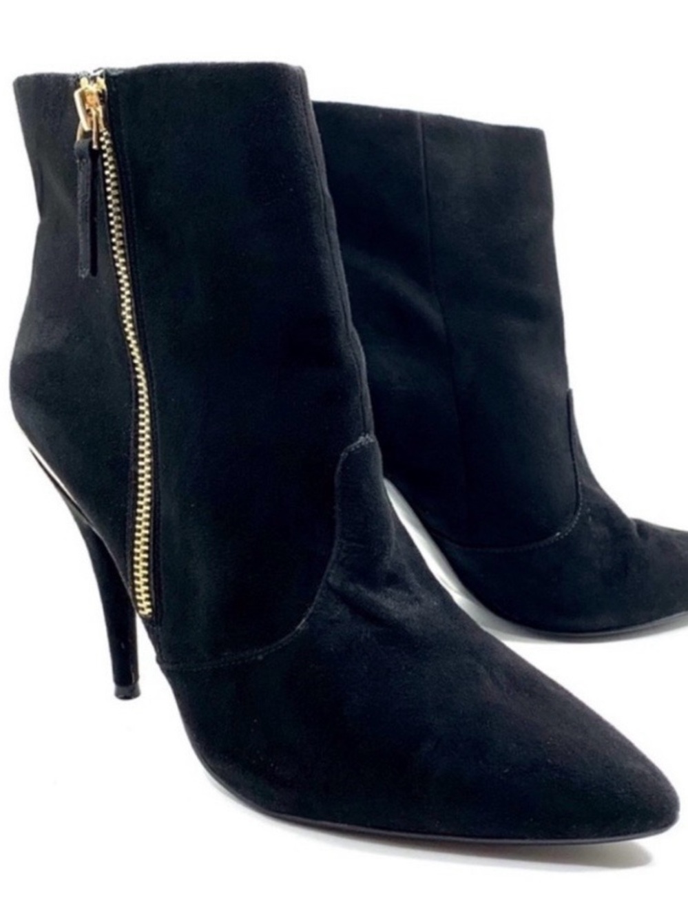 Guess Classic Black Suede Pointed-Toe Ankle Boots with Gold Zip